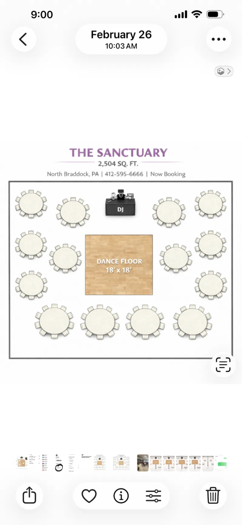The Sanctuary floor plan showing round tables, a DJ table, and an 18 by 18 foot dance floor